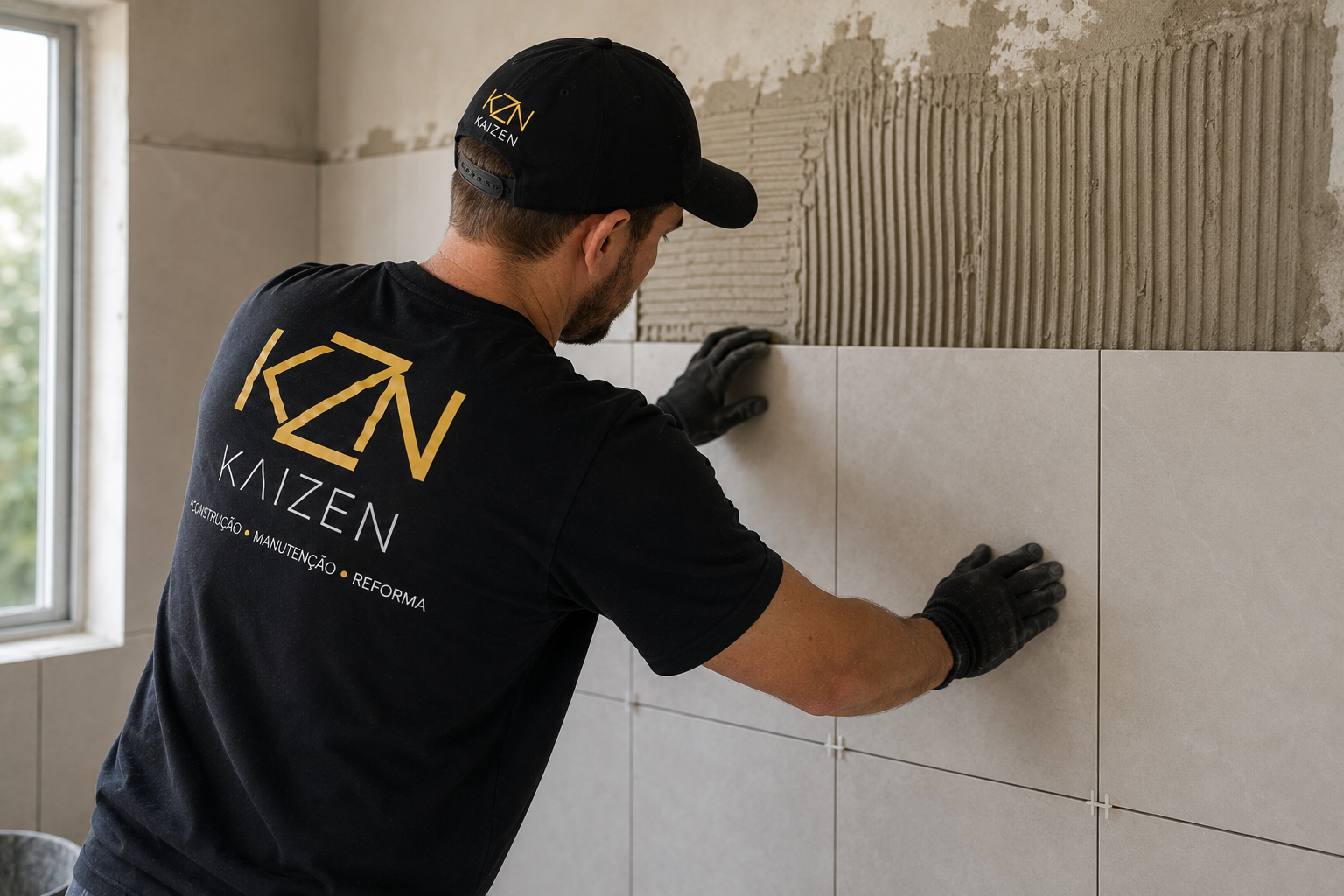 Azulejista Kaizen instalando revestimento em banheiro