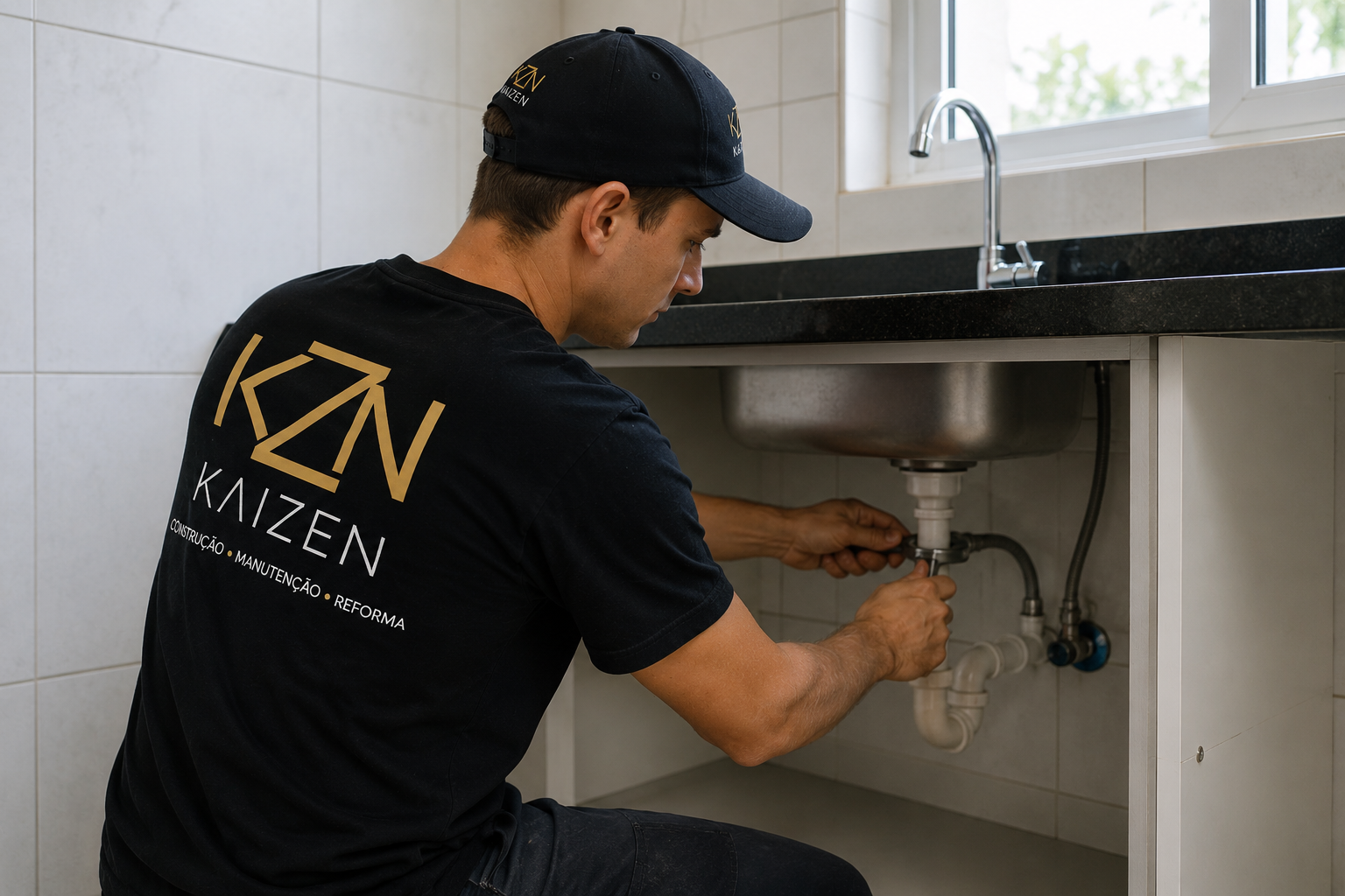 Hidráulico Kaizen ajustando tubulação sob a pia