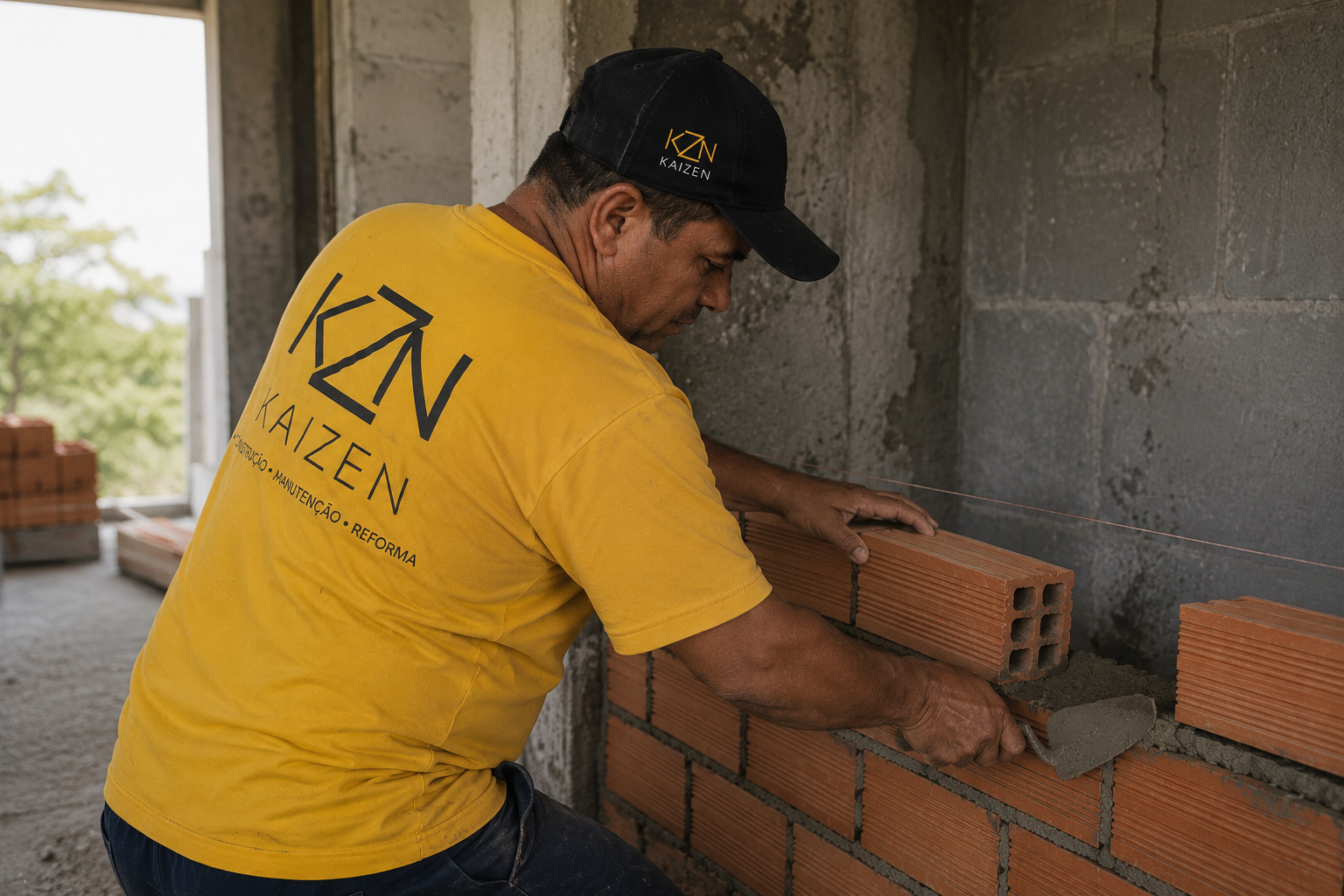 Pedreiro Kaizen assentando tijolos em obra residencial