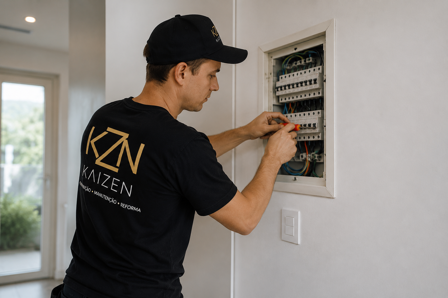 Eletricista Kaizen fazendo instalação em quadro de luz