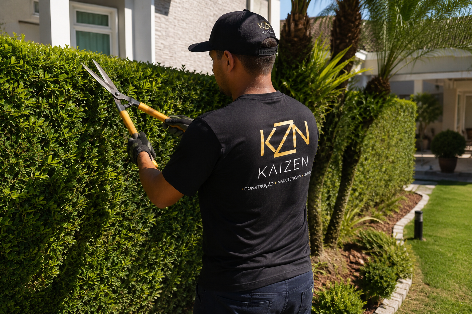 Jardineiro Kaizen podando cerca viva em jardim residencial